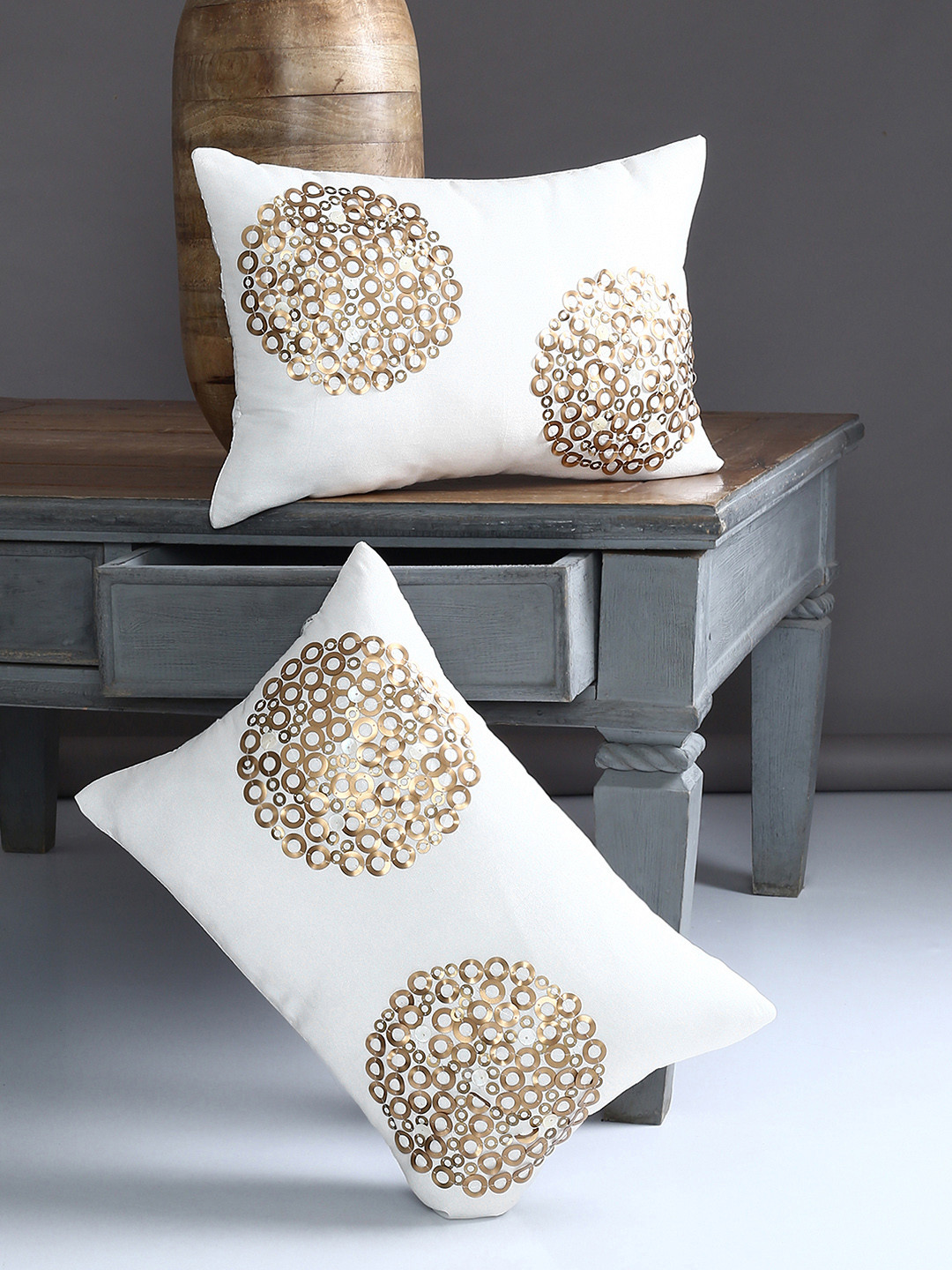 Alina decor Off-White Set of 2 Self Design Rectangle Cushion Covers