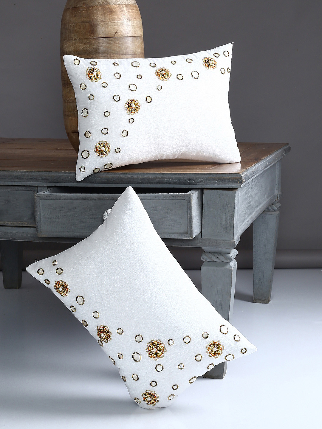 Alina decor White Floral Polyester Washable 2 Pcs Embellished Cushion Covers -12x18In