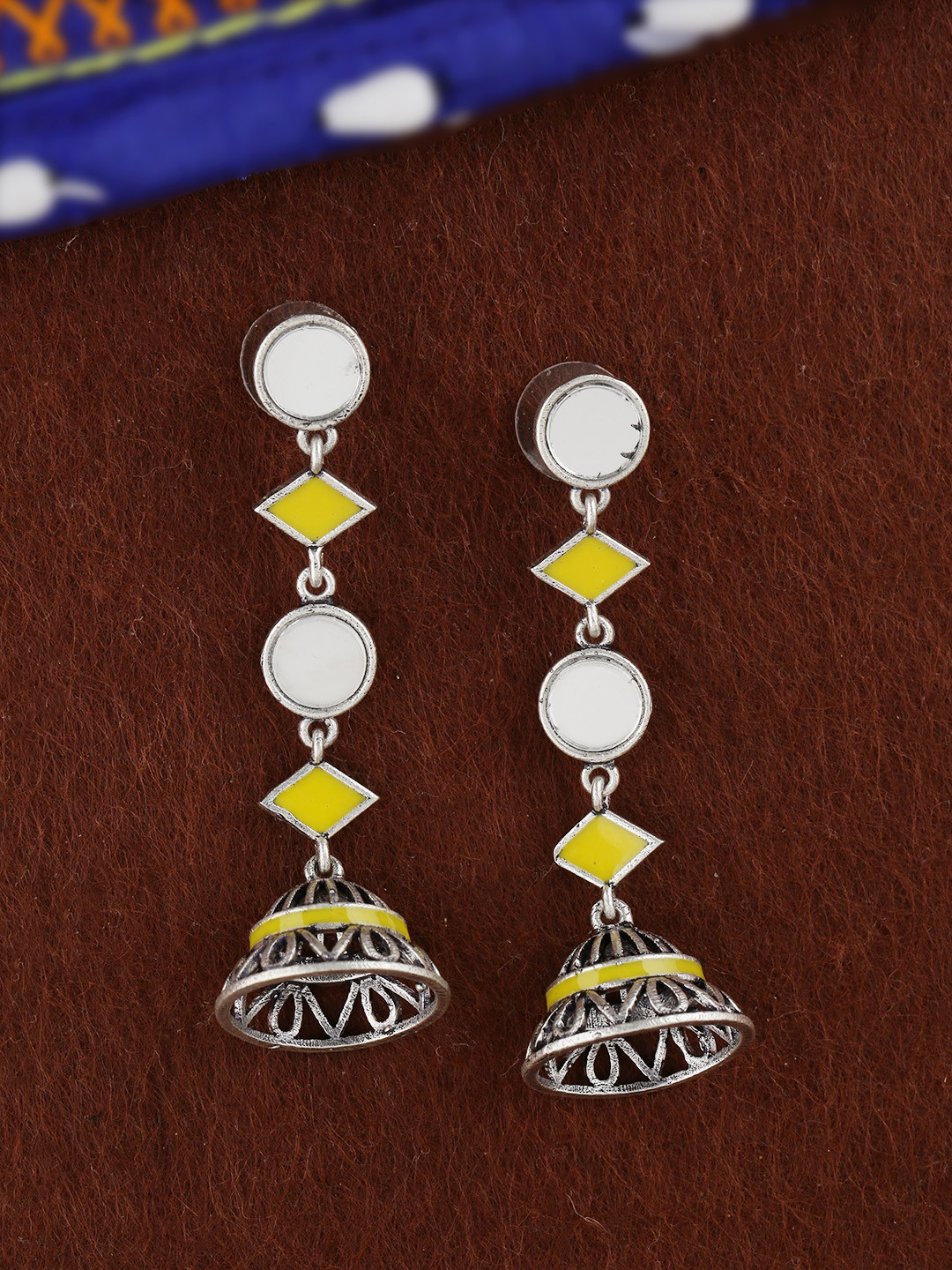 Voylla Silver-Plated & Yellow Enamelled Dome Shaped Jhumkas