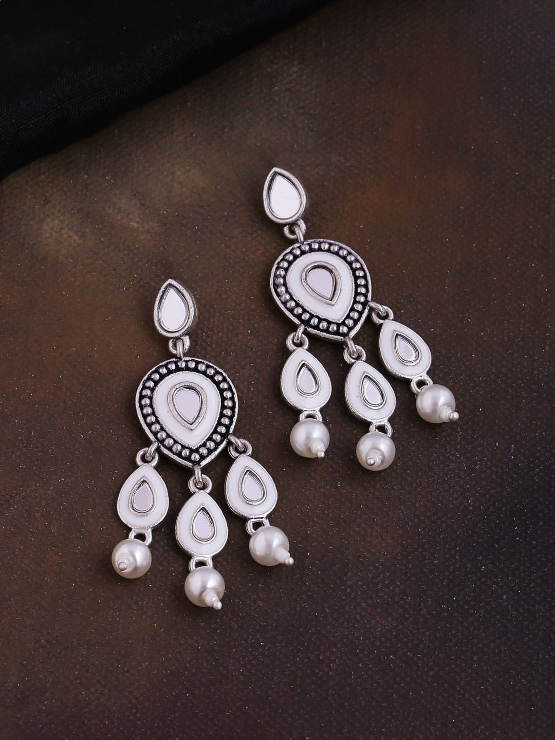 Voylla Silver-Plated & White Teardrop Shaped Drop Earrings
