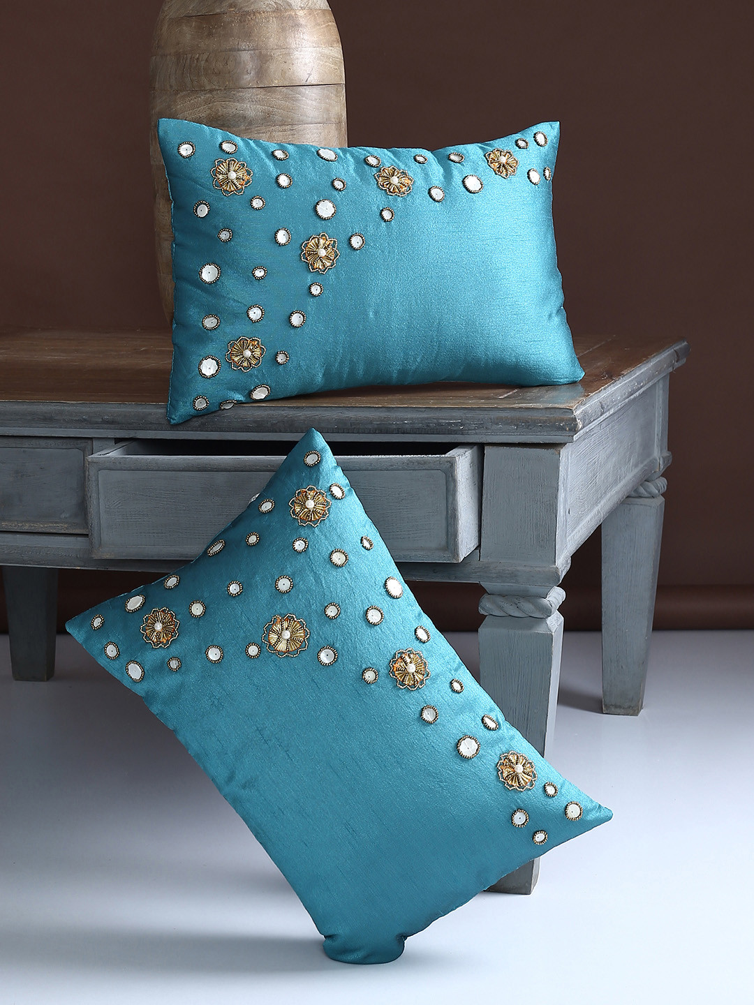 Alina decor Teal Set of 2 Self Design Rectangle Cushion Covers