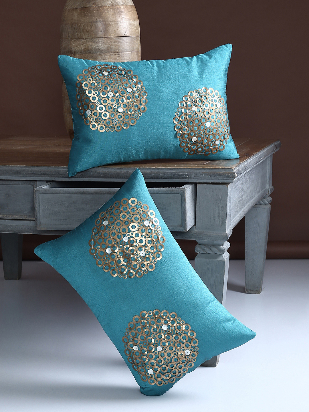 Alina decor Teal Set of 2 Self Design Rectangle Cushion Covers