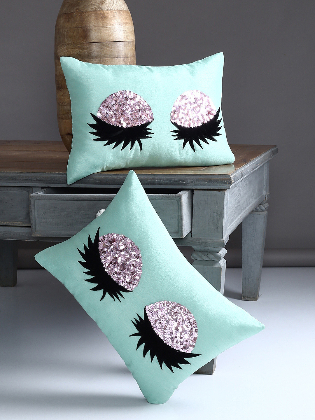 Alina decor Sea Green & Silver-Toned Set of 2 Abstract Rectangle Cushion Covers
