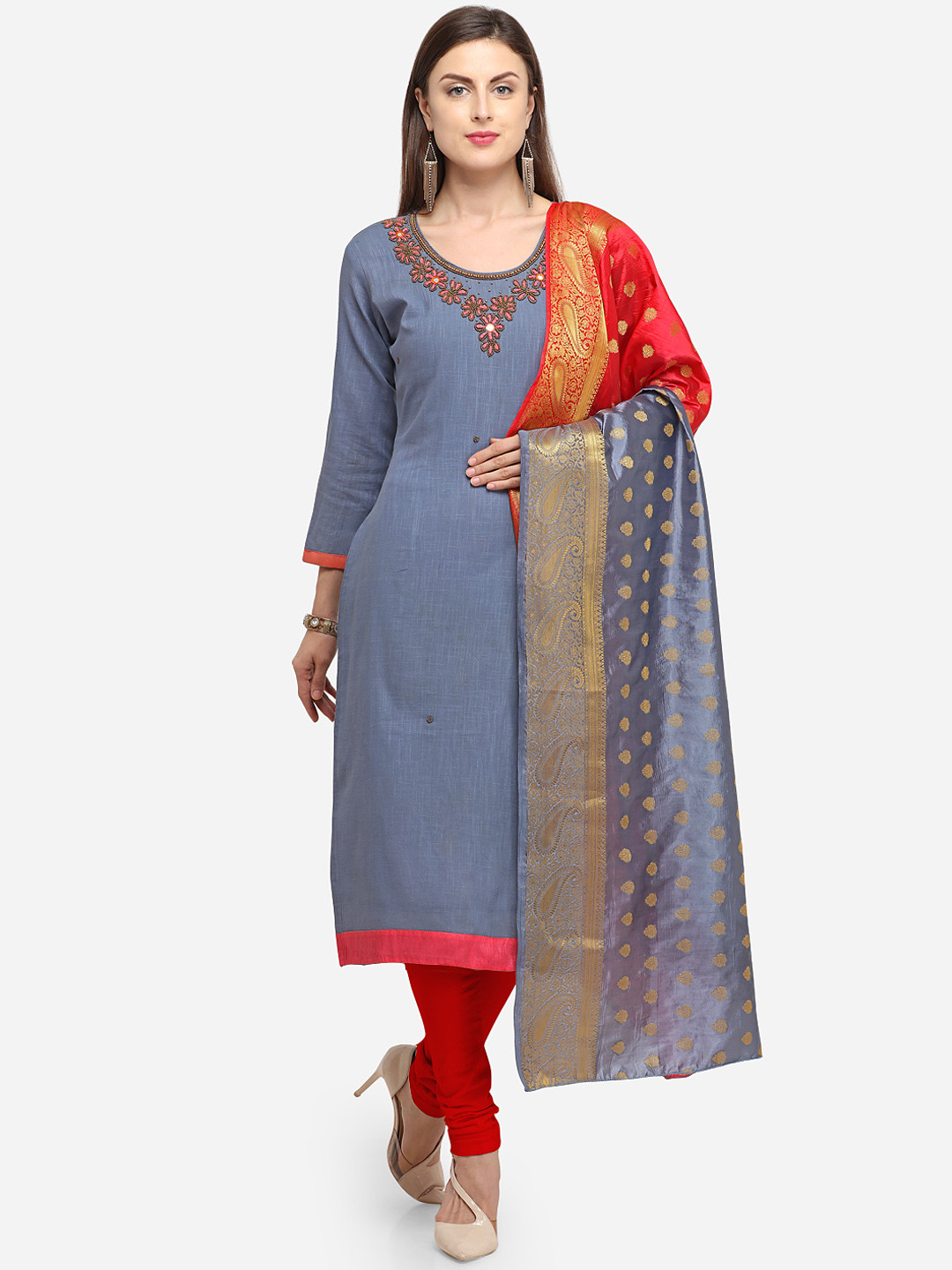 Blissta Grey & Red Cotton Blend Unstitched Dress Material