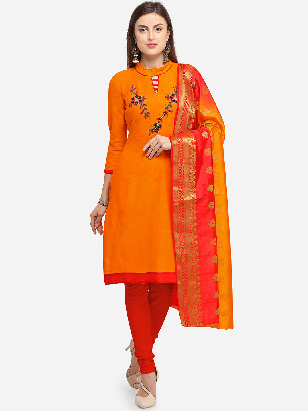 Blissta Orange & Red Cotton Blend Unstitched Dress Material