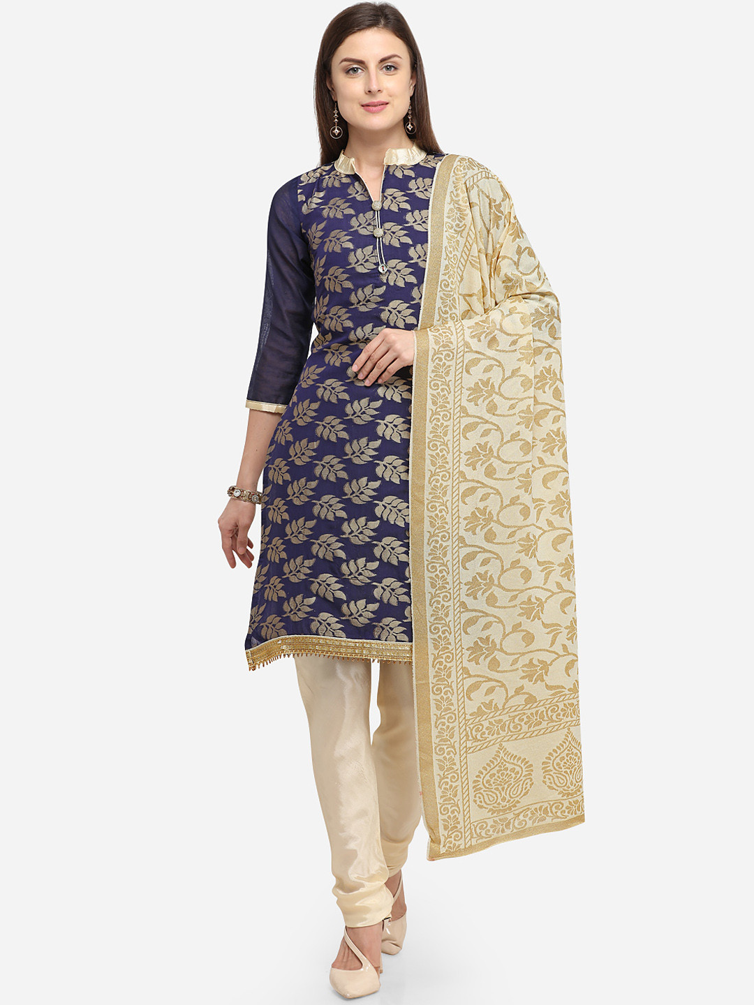 Blissta Navy Blue & Off-White Cotton Blend Unstitched Dress Material