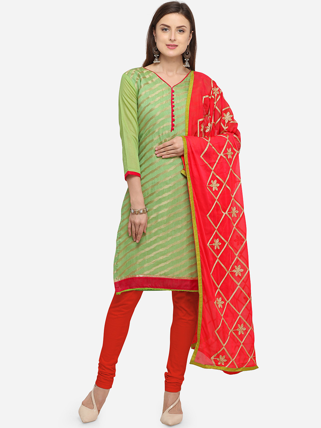 Blissta Green & Red Silk Blend Unstitched Dress Material