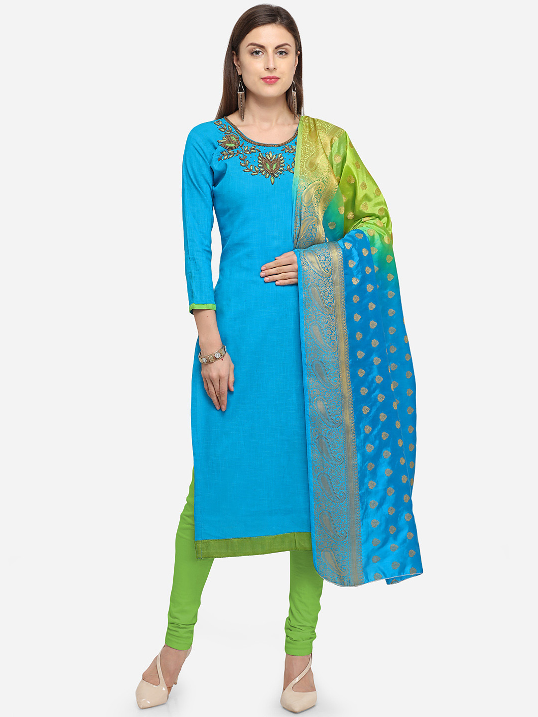 Blissta Women Blue & Green Cotton Blend Unstitched Dress Material