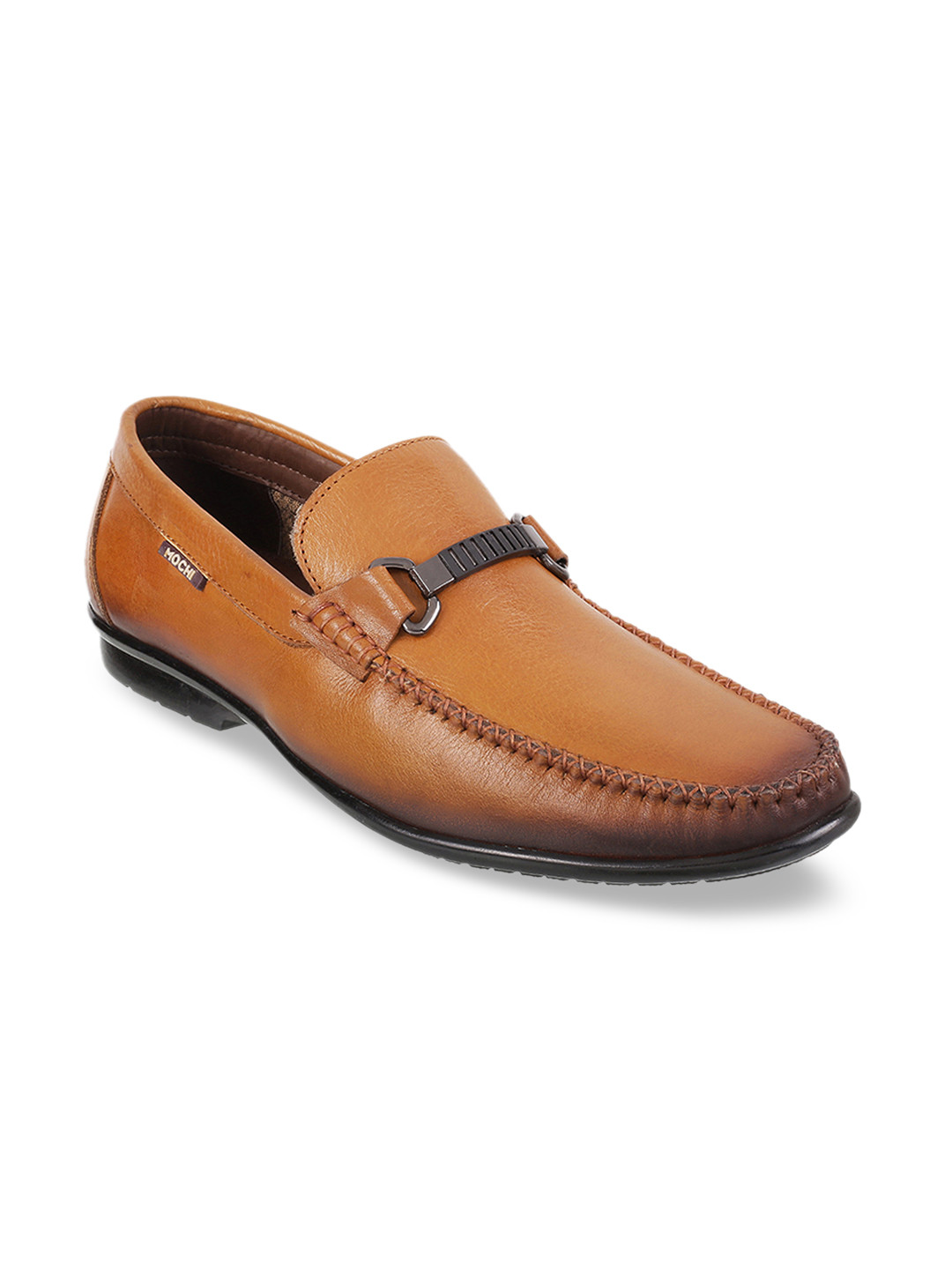 Mochi Men Tan Leather Formal Slip-Ons
