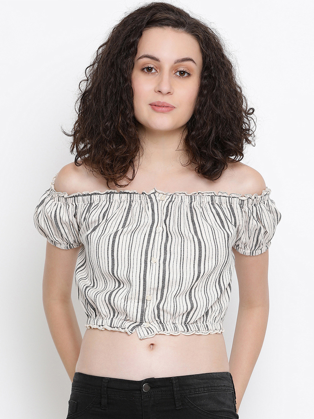 Oxolloxo Women Off-White Striped Bardot Top