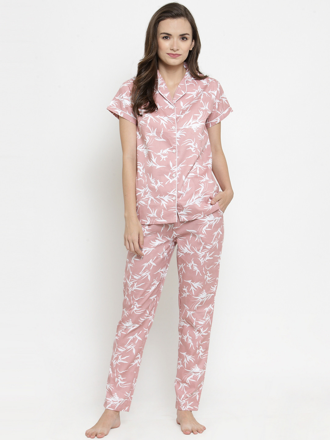 Claura Women Pink & White Feather Print Pyjamas Set