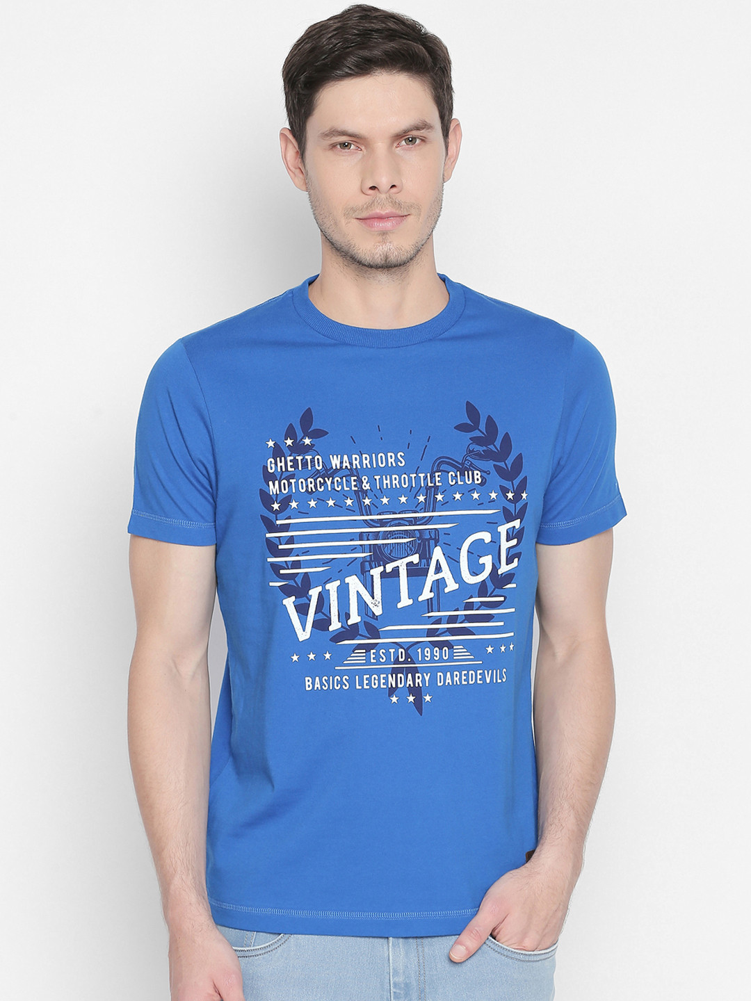 Basics Men Blue Printed Round Neck T-shirt