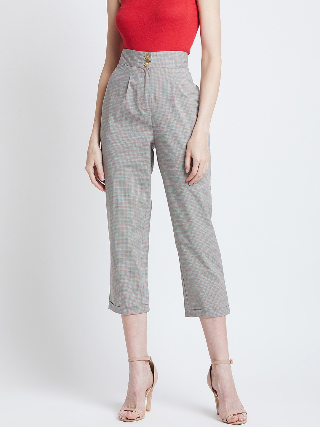 Oumbre Women Grey Regular Fit Checked Cigarette Trousers