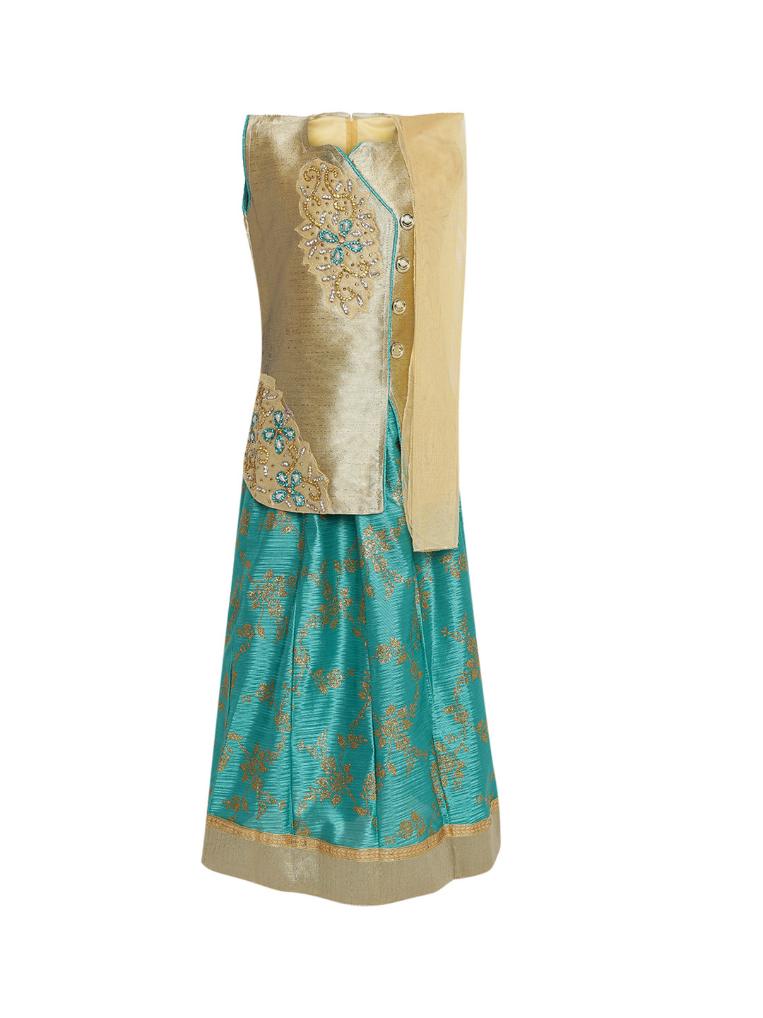 Aarika Girls Beige & Green Embellished Ready to Wear Lehenga & Blouse with Dupatta