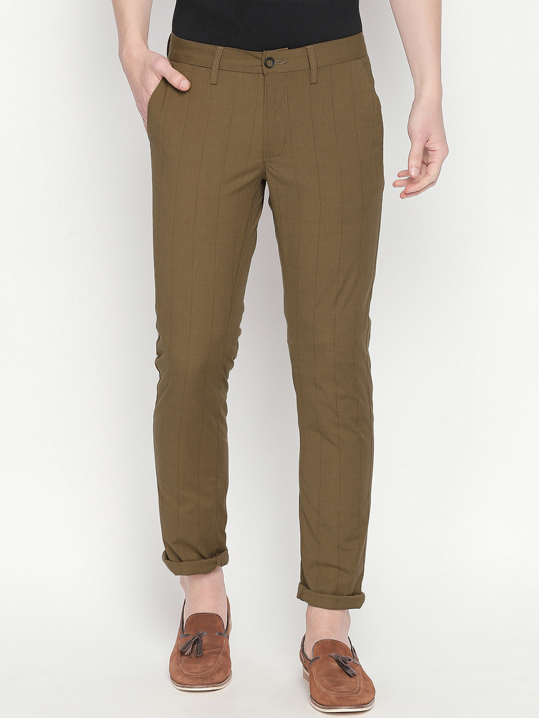 Basics Men Brown Tapered Fit Solid Regular Trousers