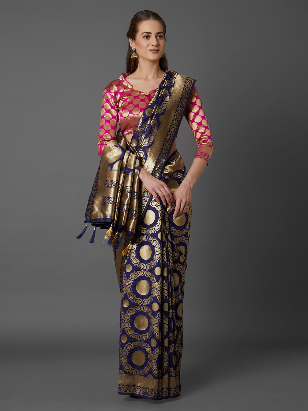 Mitera Navy Blue Silk Blend Woven Design Kanjeevaram Saree