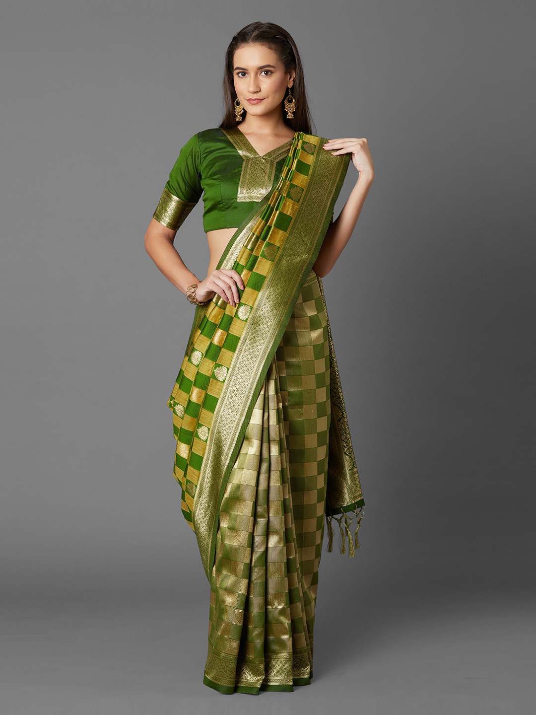 Mitera Green Silk Blend Woven Design Kanjeevaram Saree