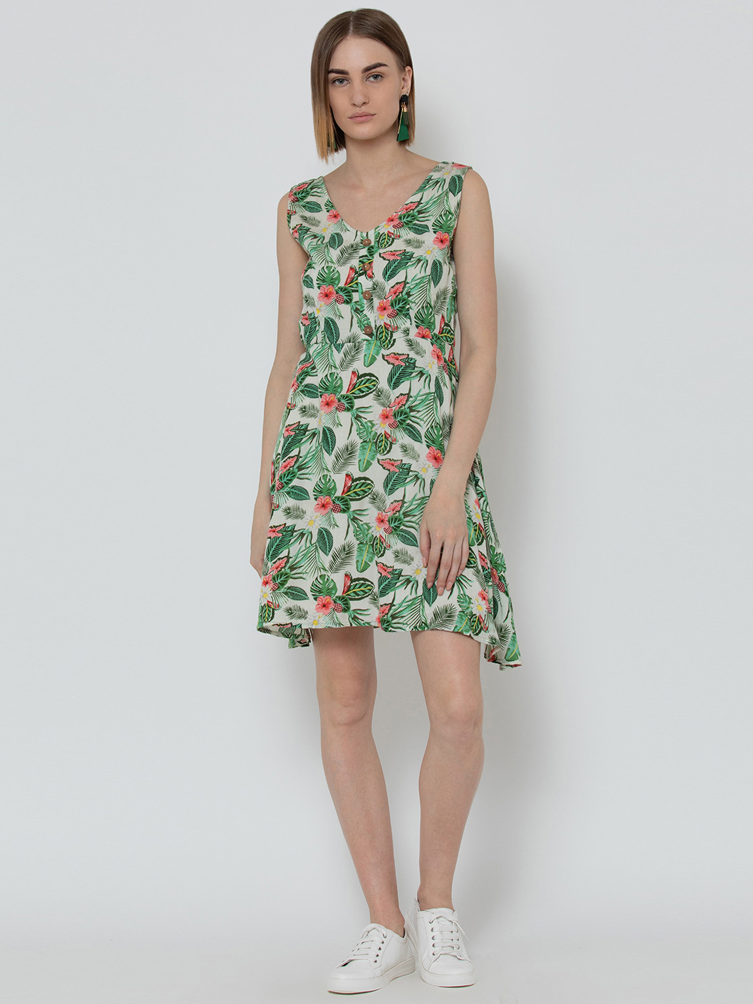DODO & MOA Women White & Green Printed Fit and Flare Dress