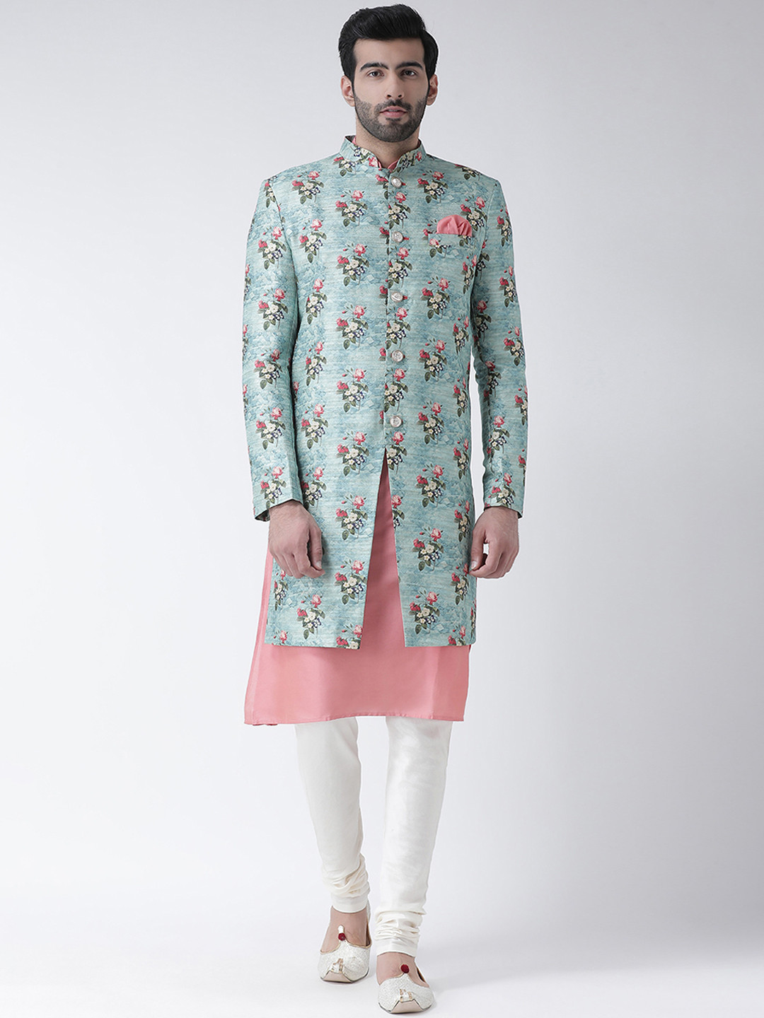 KISAH Men Floral Printed Kurta Indowestern Sherwani Set