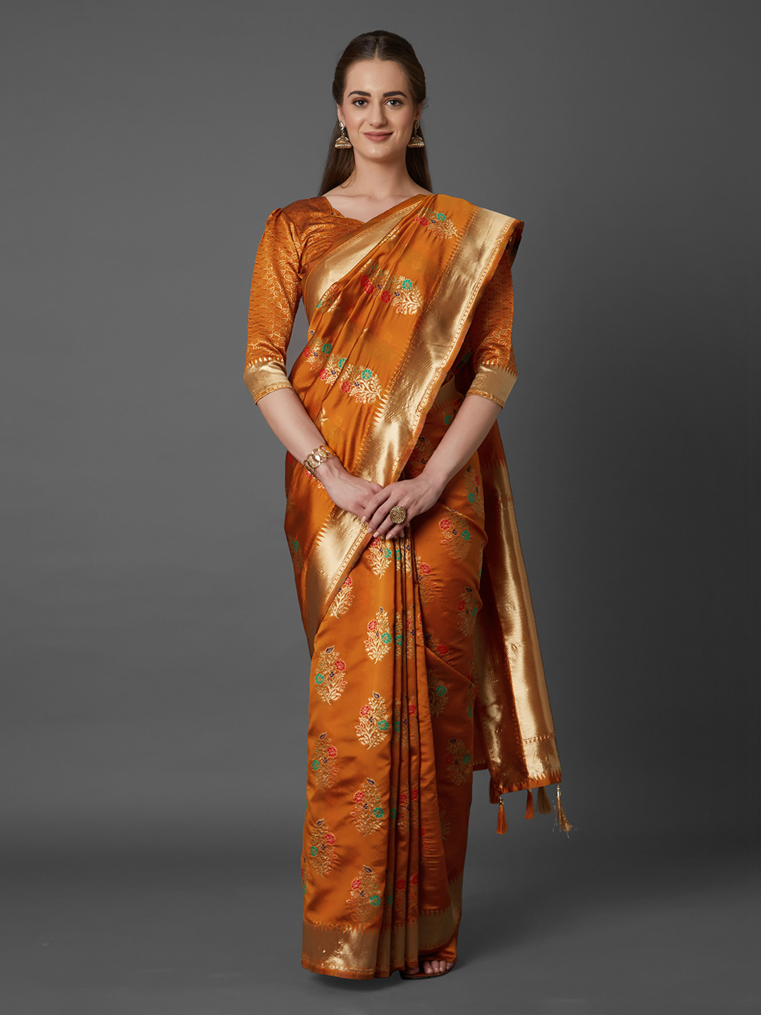 Mitera Mustard Yellow Silk Blend Woven Design Kanjeevaram Saree