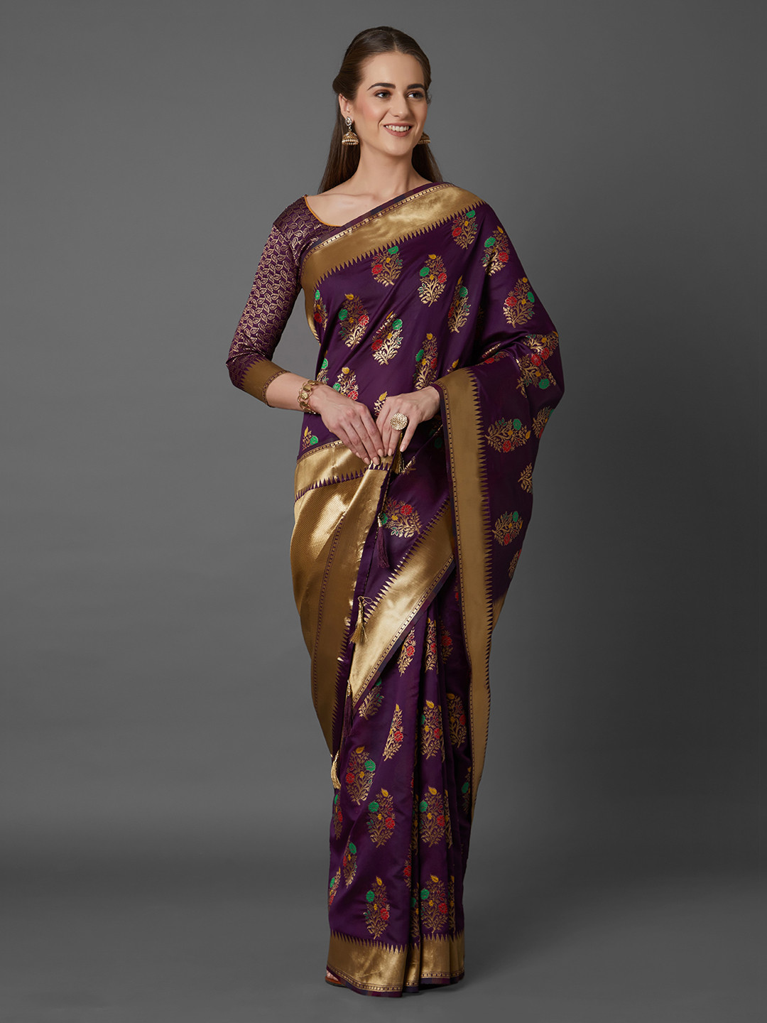 Mitera Purple Silk Blend Woven Design Kanjeevaram Saree