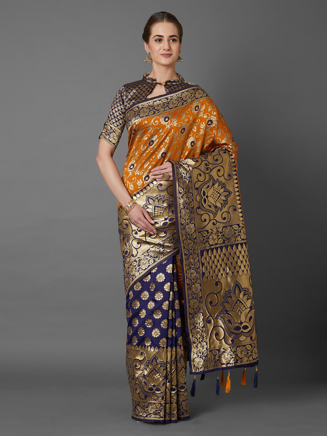 Mitera Yellow & Navy Blue Silk Blend Woven Design Kanjeevaram Saree