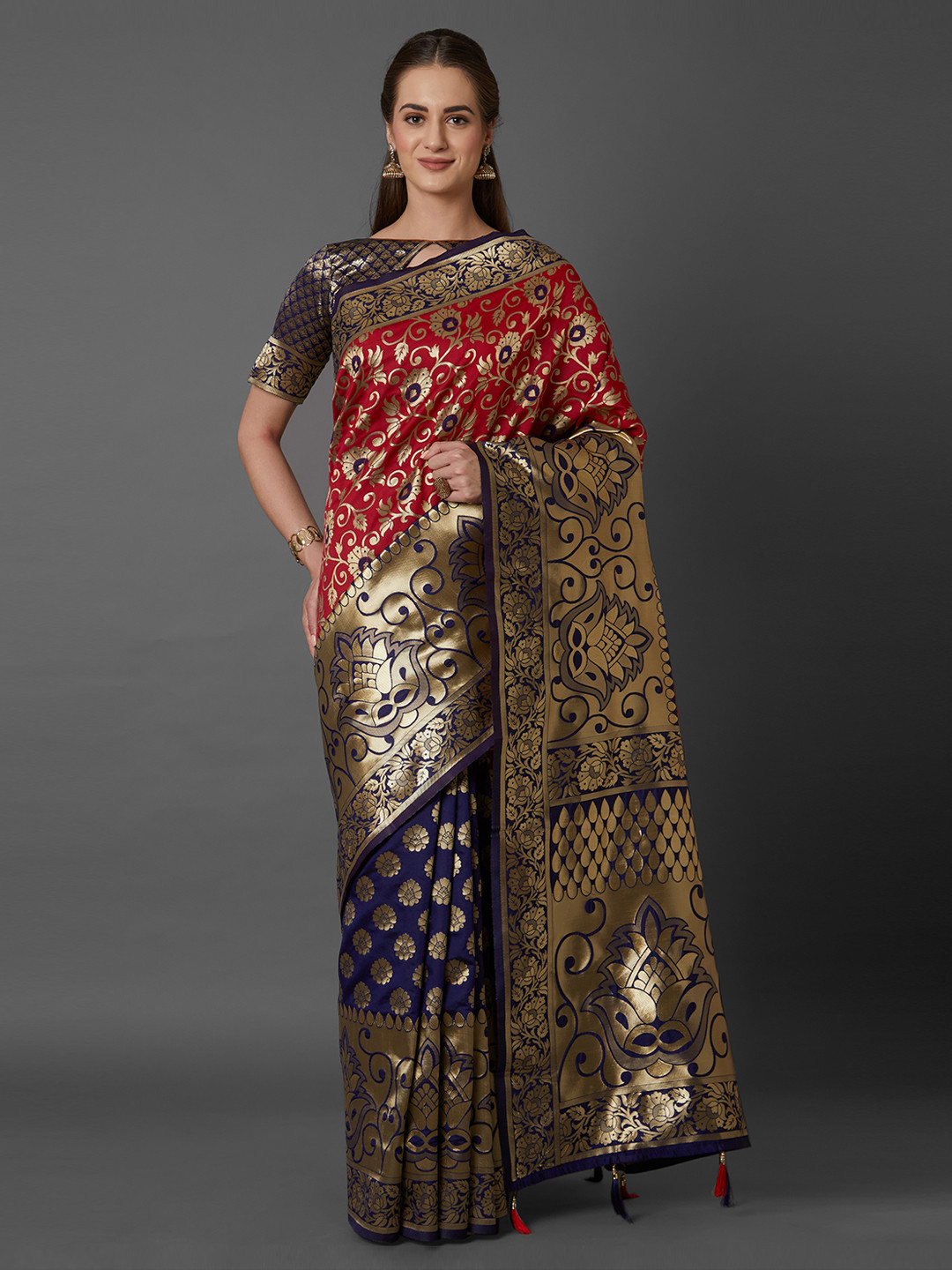 Mitera Red & Navy Blue Silk Blend Woven Design Kanjeevaram Saree
