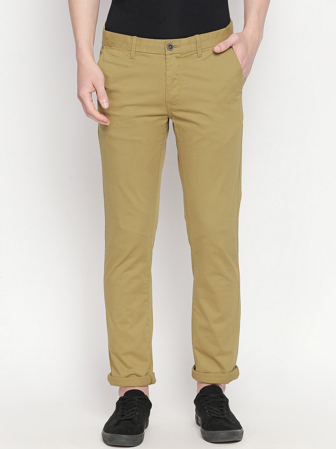 Basics Men Khaki Tapered Fit Solid Regular Trousers