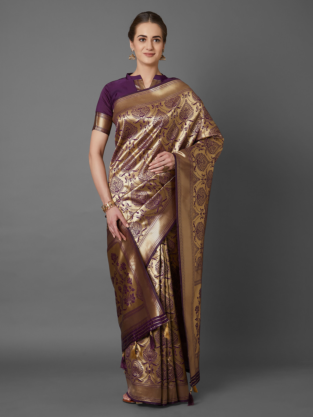 Mitera Purple & Gold-Toned Silk Blend Woven Design Kanjeevaram Saree