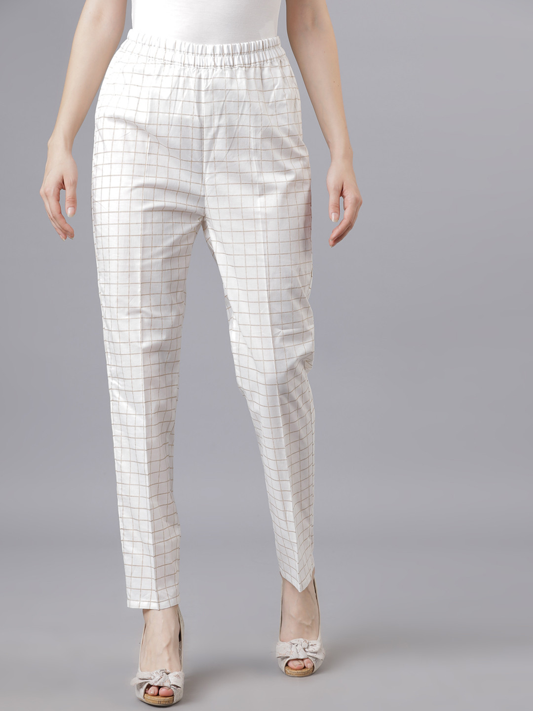 Vishudh Women Off-White Checked Straight Pants
