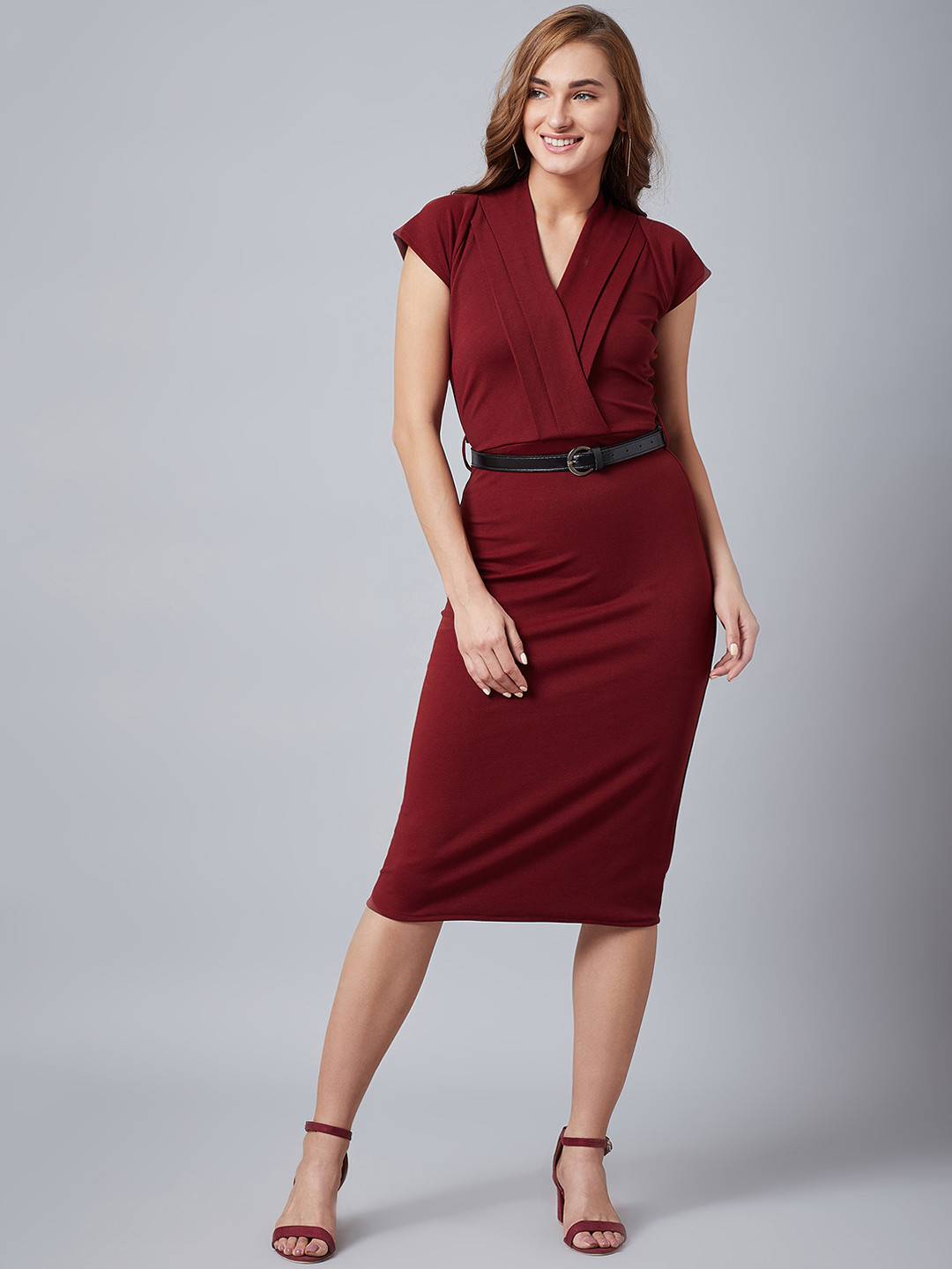 Athena Women Maroon Solid Wrap Sheath Dress