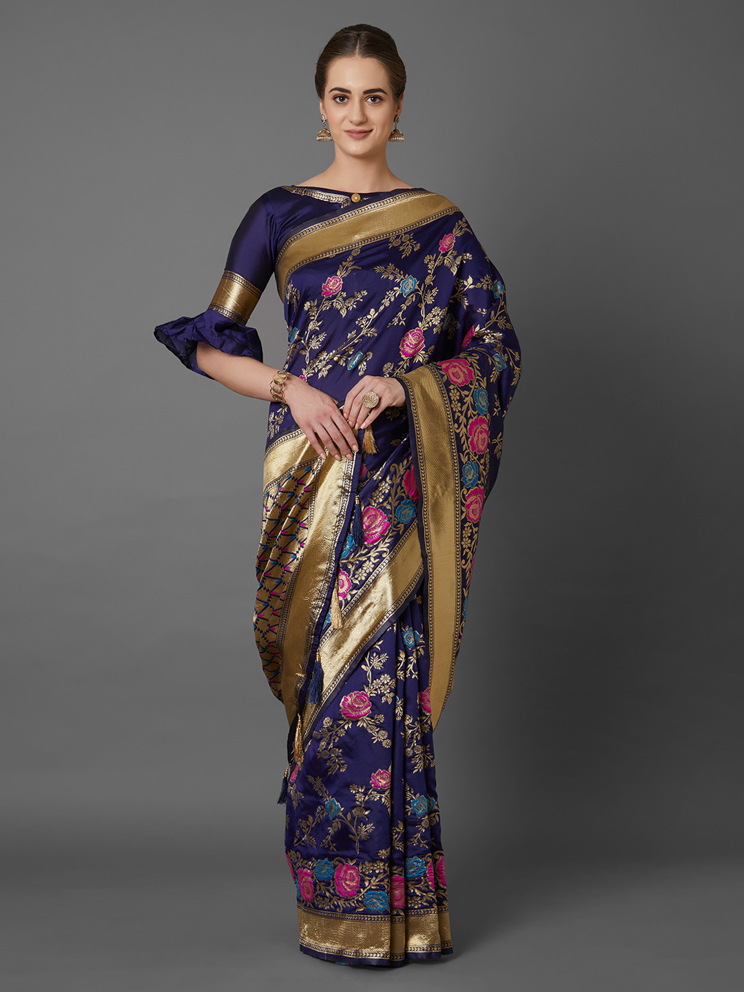 Mitera Navy Blue Silk Blend Woven Design Kanjeevaram Saree