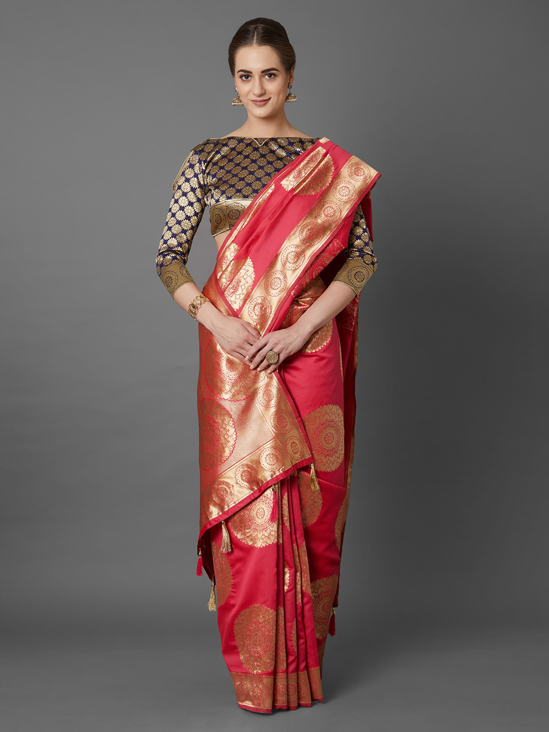 Mitera Pink & Gold-Toned Silk Blend Woven Design Kanjeevaram Saree