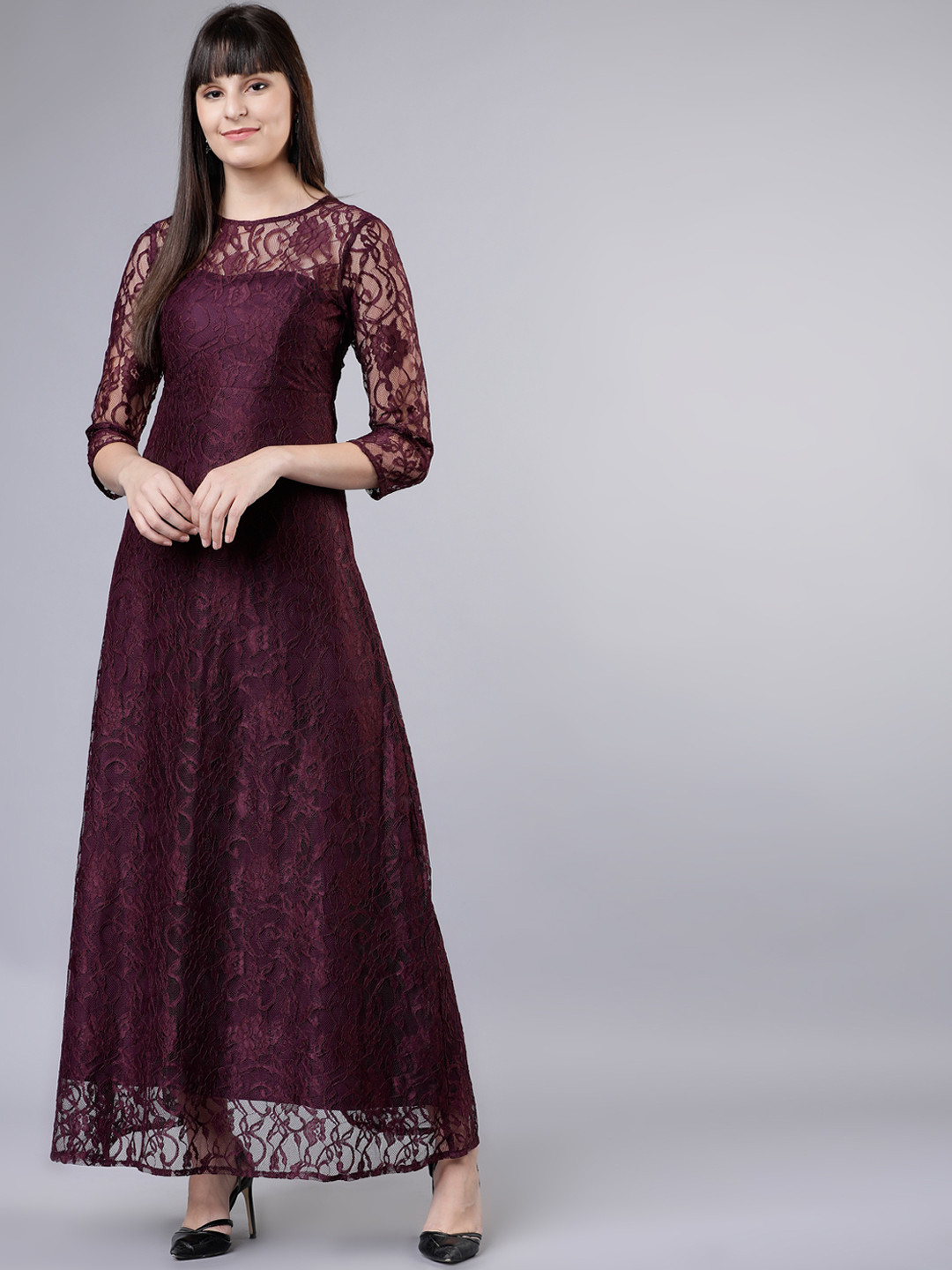 Tokyo Talkies Maroon Self Design Maxi Dress