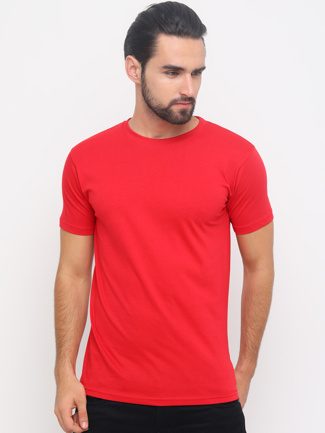 Bushirt Men Red Solid Round Neck Pure Cotton T-shirt