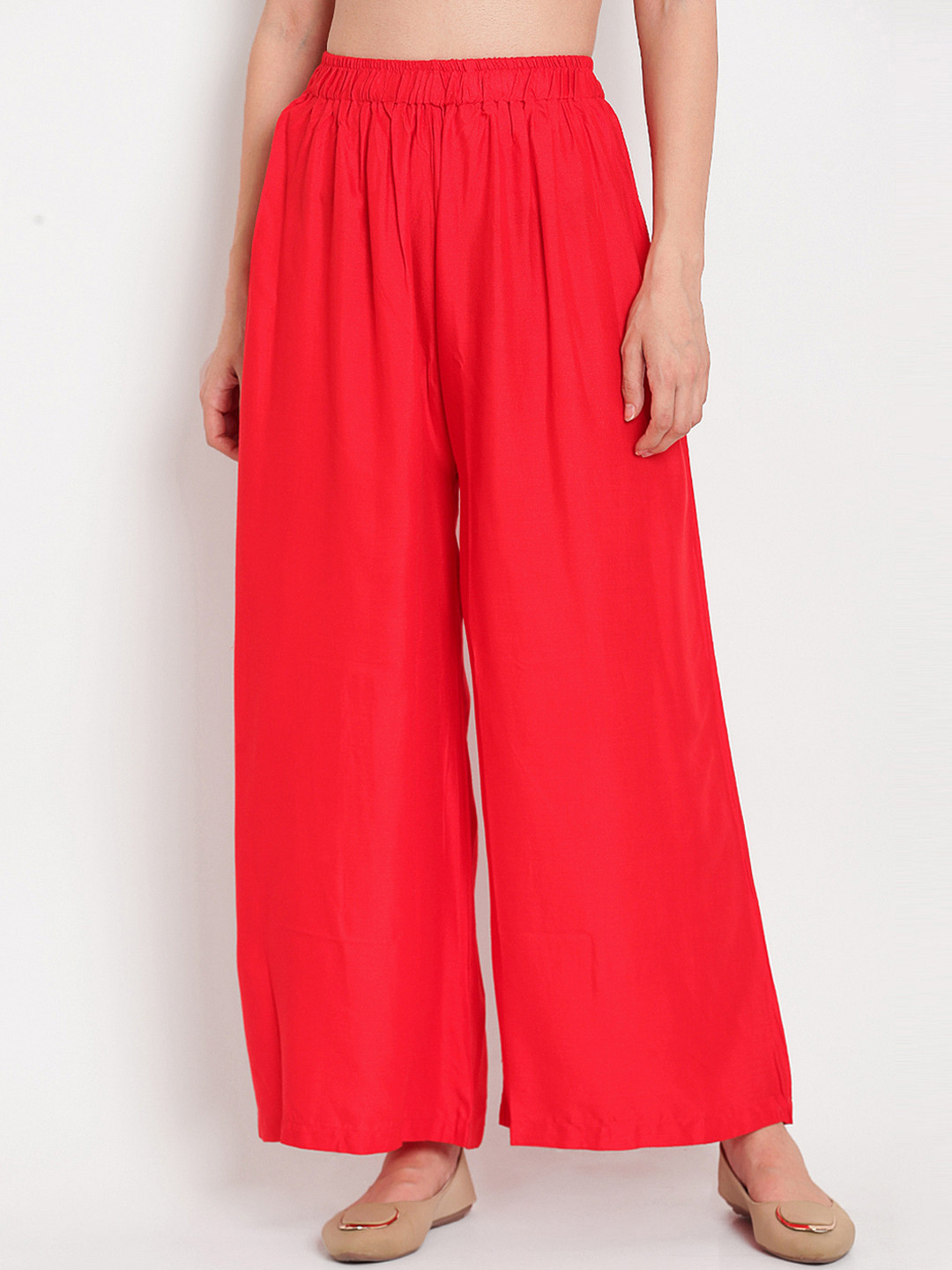 TAG 7 Women Red Solid Flared Palazzos