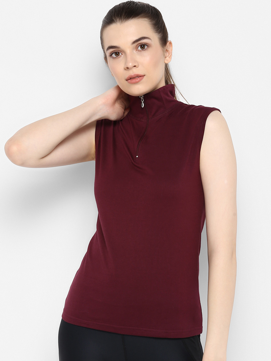 appulse Women Maroon Solid High Neck T-shirt