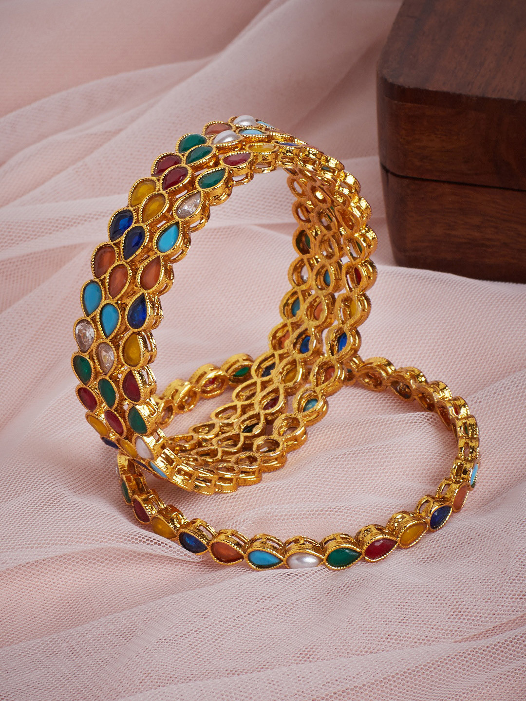 PANASH Set of 4 Gold-Plated Multicolored Stone-Studded Bangles