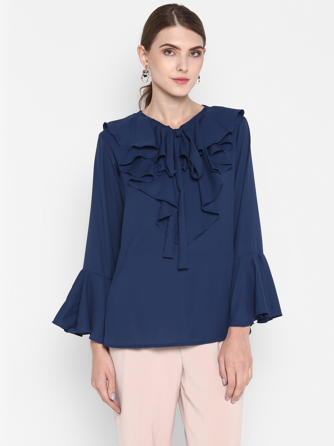 Indietoga Women Solid Neck Ruffle Tie-Up Georgette Top