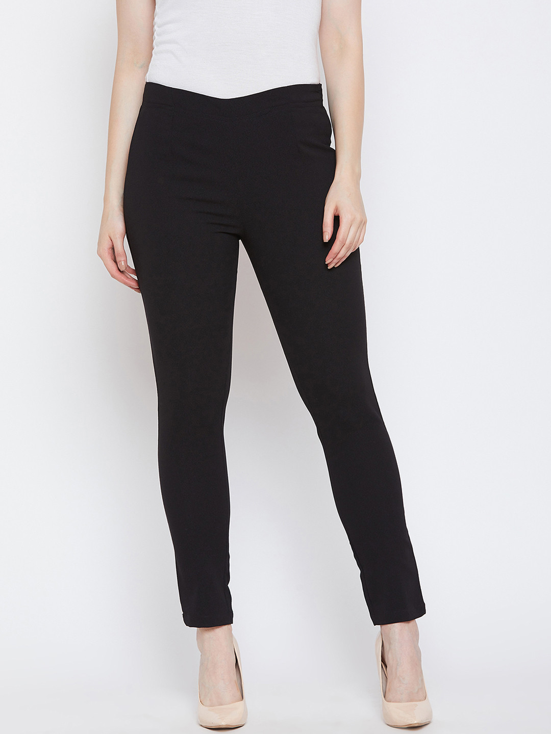 Ruhaans Women Black Smart Regular Fit Solid Regular Trousers