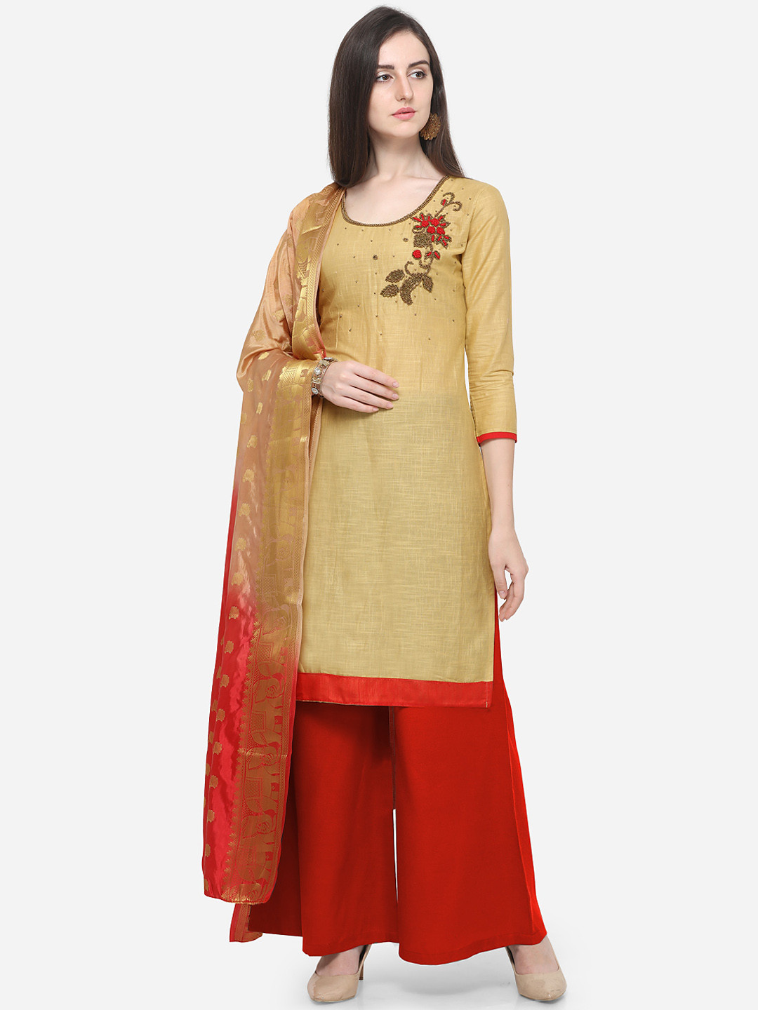 Blissta Beige & Maroon Cotton Blend Unstitched Dress Material