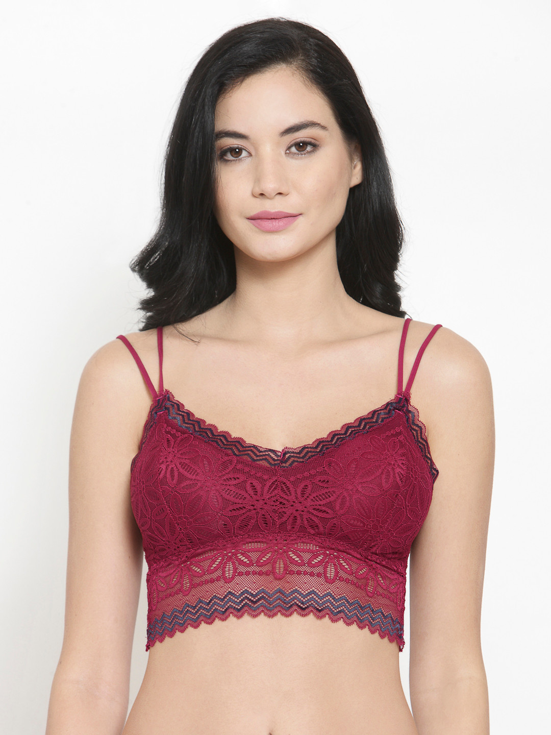 PrettyCat Maroon Lace Non-Wired Lightly Padded Bralette Bra PC-SB-5182-MAH-36B