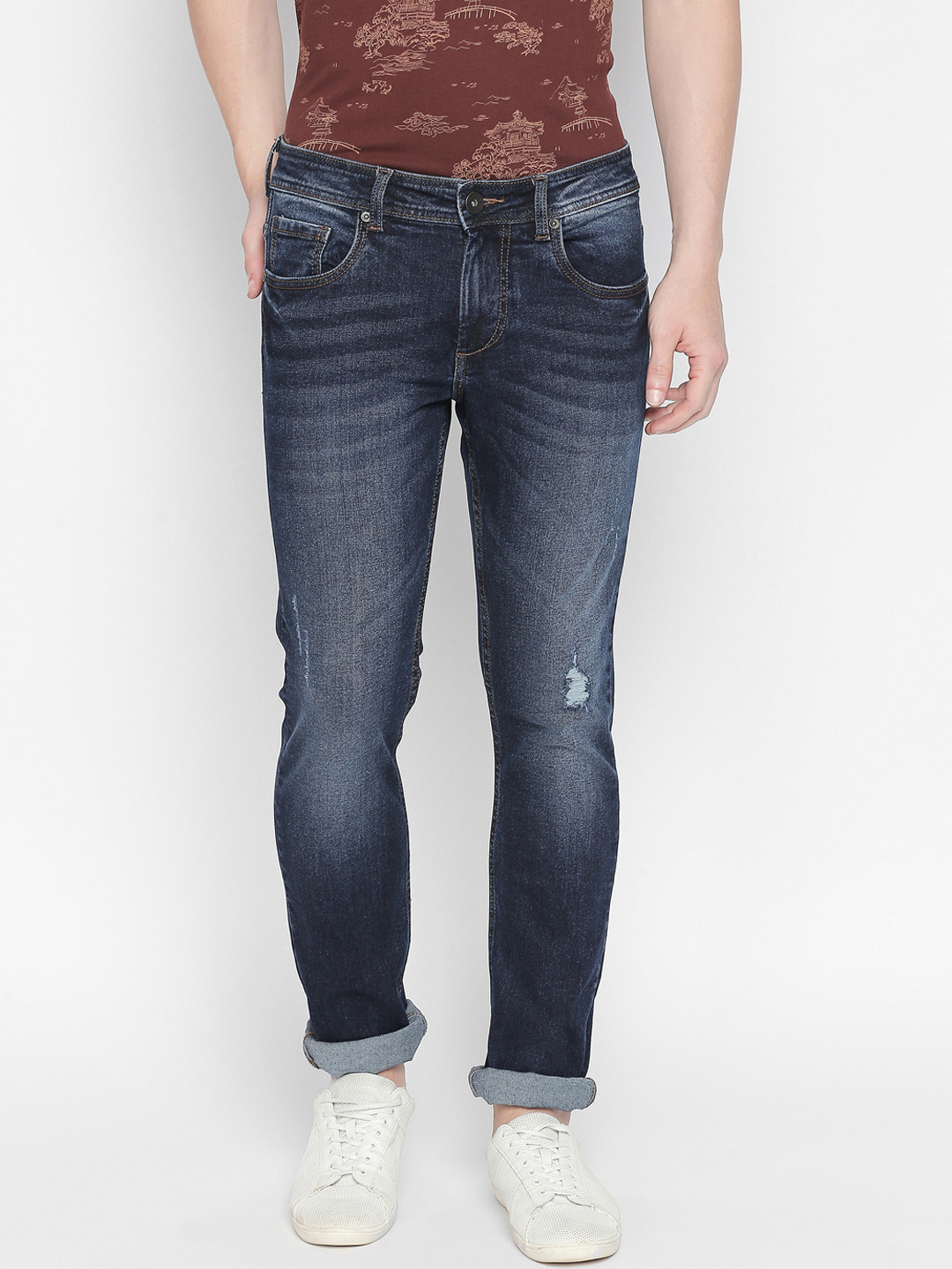 Basics Men Navy Blue Regular Fit Low-Rise Low Distress Stretchable Jeans