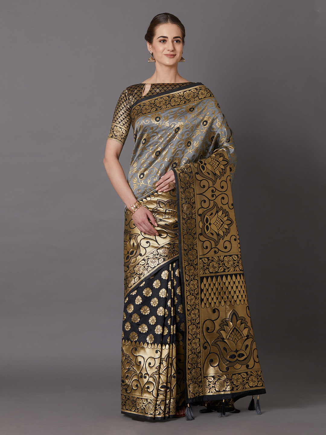 Mitera Grey & Black Silk Blend Woven Design Kanjeevaram Saree