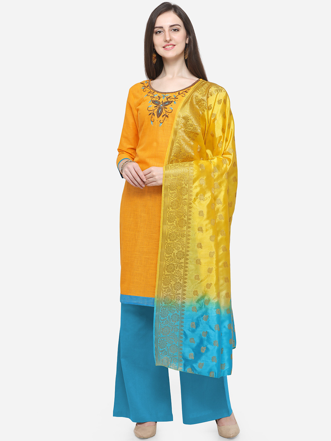 Blissta Yellow & Blue Cotton Blend Unstitched Dress Material