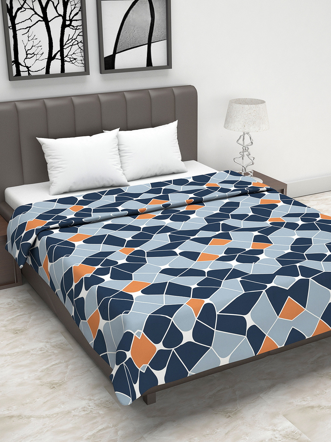 Divine Casa Blue & Orange Geometric AC Room 110 GSM Reversible Double Bed Dohar