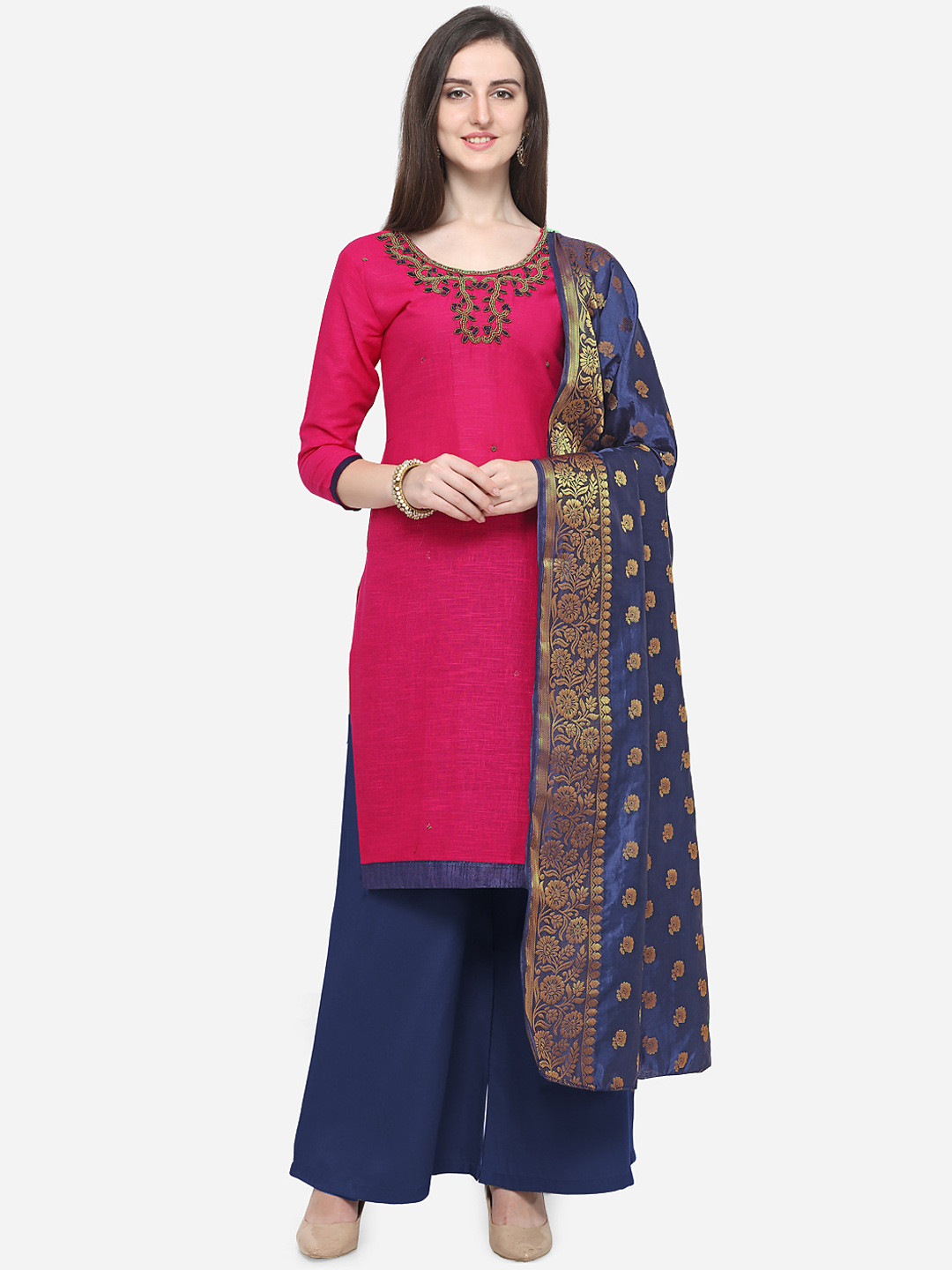 Blissta Magenta & Navy Blue Cotton Blend Unstitched Dress Material