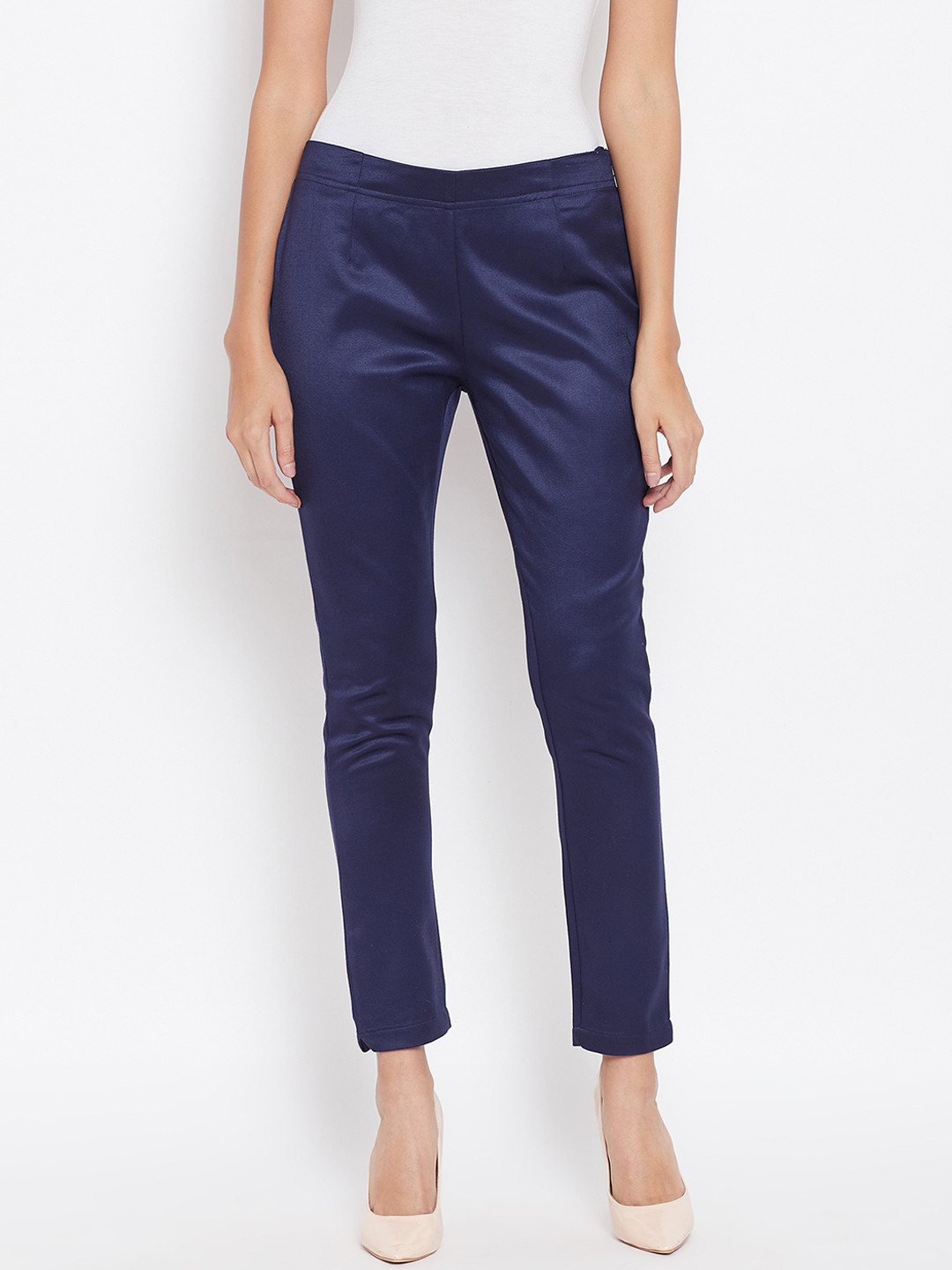 Ruhaans Women Navy Blue Smart Regular Fit Solid Cigarette Trousers