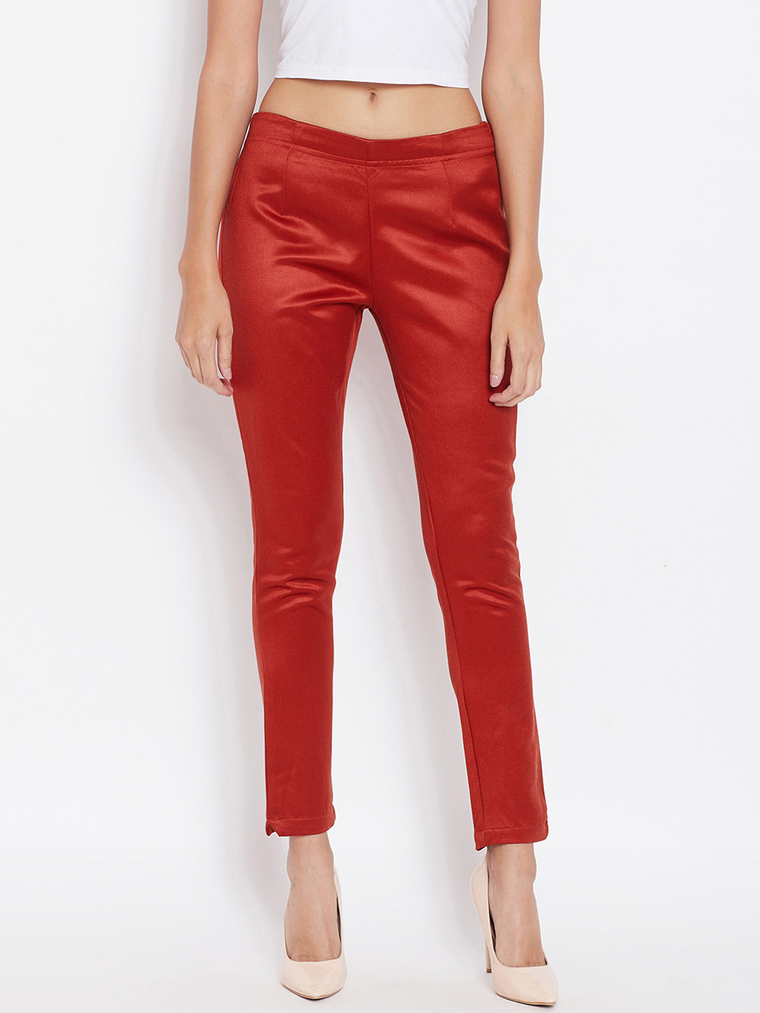Ruhaans Women Red Smart Regular Fit Solid Cigarette Trousers