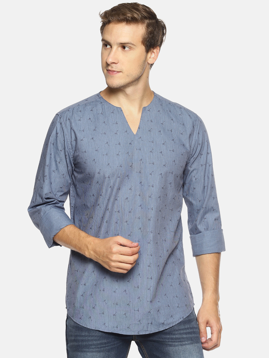 Bene Kleed Men Navy Blue & Navy Blue Quirky Print Straight Kurta